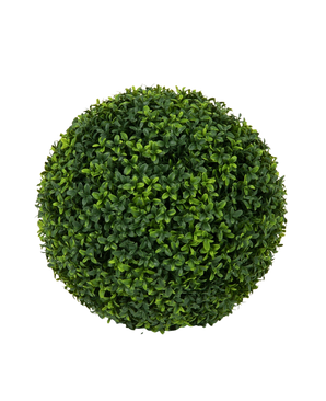 Een bovenaanzicht van de Kunstplant Buxus romeinse stijl UV D40cm, een netjes gesnoeide, bolvormige kunstheester met dichte groene bladeren tegen een effen witte achtergrond.