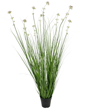 Der 120 cm große, feuerhemmende Kunstrasen-Lauchblumen-Zwiebel-Grastopf hat lange grüne, grasähnliche Blätter und lange Stiele mit hellvioletten Blütenbüscheln, perfekt, um jedem Raum lebensechtes Grün zu verleihen.