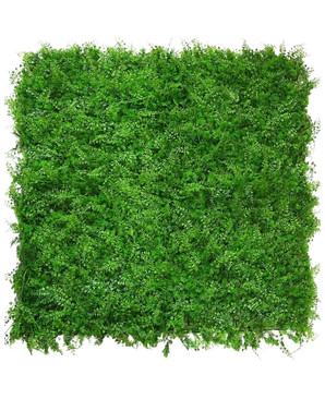 Der künstliche Heckenfarn/Nadelbaum 50x50 cm ist eine dichte, quadratische Matte aus leuchtend grünem Laub mit kleinen Blättchen, die von oben auf einem weißen Hintergrund betrachtet einer üppigen, natürlichen grünen Hecke mit einer gleichmäßigen, strukturierten Oberfläche ähnelt.