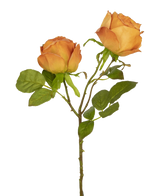 Die künstliche Rose Deluxe 55 cm Pfirsich hat zwei pfirsichfarbene Kunstrosen an einem Stiel mit grünen Blättern, ideal für die Blumendekoration oder als elegante Kunstblumen aus Seide.