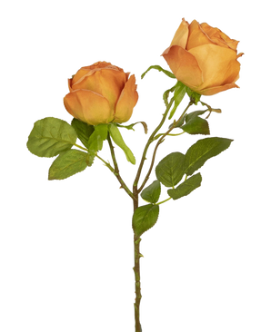 Die künstliche Rose Deluxe 55 cm Pfirsich hat zwei pfirsichfarbene Kunstrosen an einem Stiel mit grünen Blättern, ideal für die Blumendekoration oder als elegante Kunstblumen aus Seide.