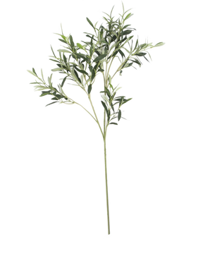 Het Kunst olijfblad 90 cm UV, met slanke groene bladeren en een lange steel, steekt af tegen een witte achtergrond voor een subtiele Mediterrane sfeer.