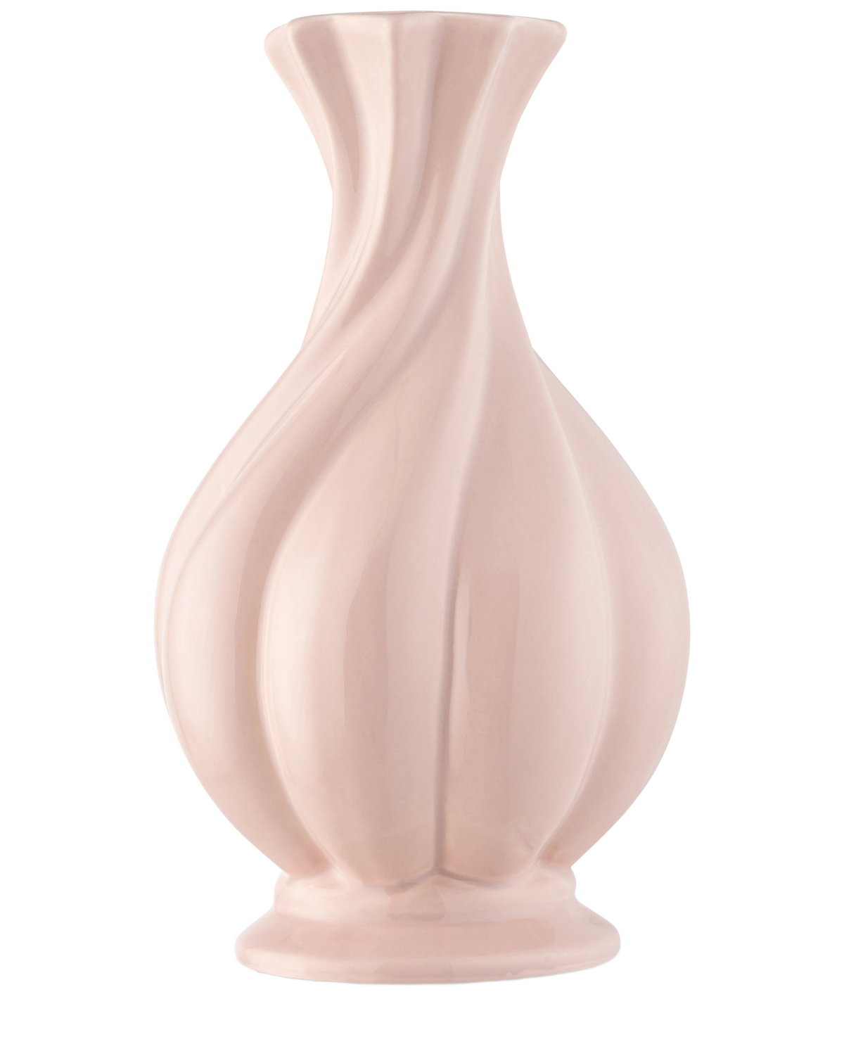 Die Vase Little Fairy 26 cm rosa ist eine glänzende, hellrosa Keramikvase mit ausgestelltem Rand und geformten Wirbelrillen, ideal für die Präsentation eines künstlichen Seidenblumenstraußes. Abgebildet vor einem schlichten weißen Hintergrund.