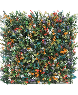 De Kunsthaag Buxus multi-color 50x50 cm UV is een vierkant paneel van dichte kunst buxus met kleine blaadjes en trosjes oranje, witte, rode, gele, paarse en blauwe bloemen op een groene kunststof rasterachtergrond.