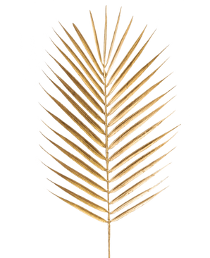Het Kunsttak Varen 64 cm goud heeft een enkel gouden palmblad met lange, slanke bladeren op een effen witte achtergrond.