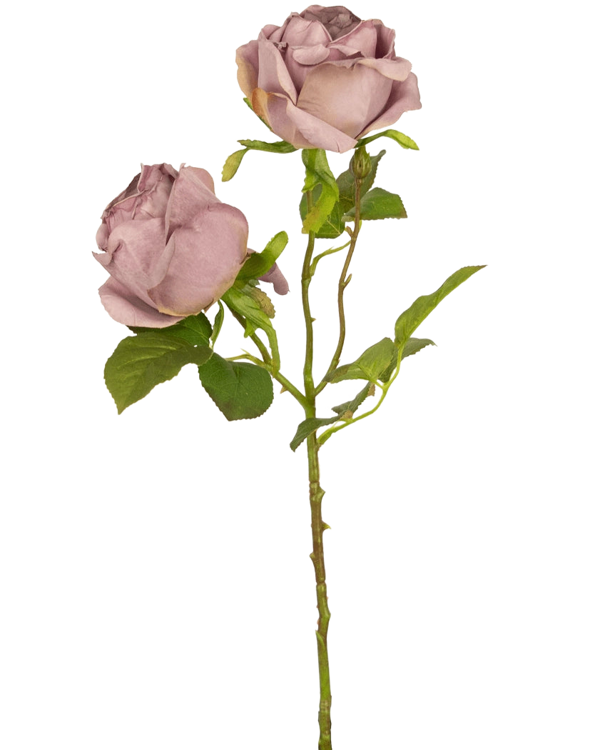 Eine einzelne künstliche Rose Deluxe, 55 cm, violetter Stiel mit zwei staubigen malvenfarbenen Rosen und grünen Blättern, vor einem schlichten weißen Hintergrund.