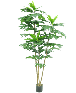 De Kunstplant Nangka 180 cm is een hoge kunstplant met meerdere slanke bruine stengels en grote, glanzend groene bladeren in een kleine zwarte pot, afgebeeld tegen een effen witte achtergrond.
