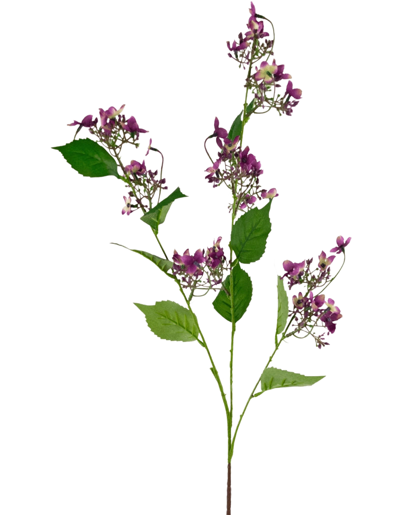 Die künstliche Blumen-Wildhortensie 86 cm lila hat einen einzelnen Stiel mit mehreren Büscheln kleiner lila Blüten und grünen Blättern, isoliert auf weißem Hintergrund.