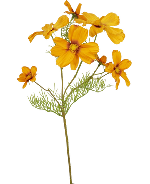De Kunstbloem Cosmos 74 cm oranje heeft meerdere levendige oranje bloemen en delicate groene bladeren, die een levendige kunstbloemen flair toevoegen aan elke ruimte - perfect voor bloemen in huis decoratie, vooral tegen een witte achtergrond.