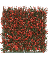 De Kunsthaag Buxus rood 50x50 cm UV is een vierkant kunstgroen paneel met dichte kleine groene bladeren en rode bloemtrossen, ideaal voor decoratie of privacy.