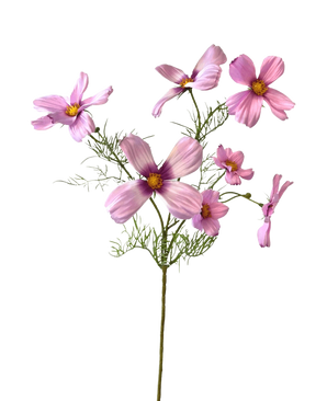 De Kunstbloem Cosmos 74 cm roze heeft een enkele stengel met meerdere lichtroze cosmos bloemen en delicate groene blaadjes, prachtig weergegeven tegen een witte achtergrond.