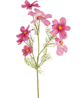 Een enkele Kunstbloem Cosmos 74 cm fuchsia met delicate, gevederde bladeren en meerdere fuchsia bloemen met gele harten wordt getoond tegen een effen witte achtergrond.