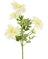 Een Kunstbloem Dahlia 60 cm groot met meerdere lichtgele dahlia bloemen en groene bladeren tegen een effen witte achtergrond.