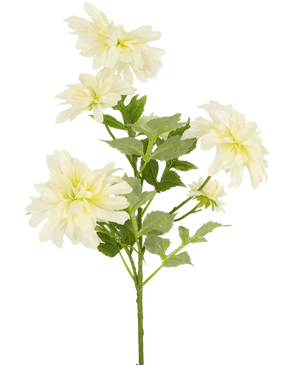 Een Kunstbloem Dahlia 60 cm groot met meerdere lichtgele dahlia bloemen en groene bladeren tegen een effen witte achtergrond.