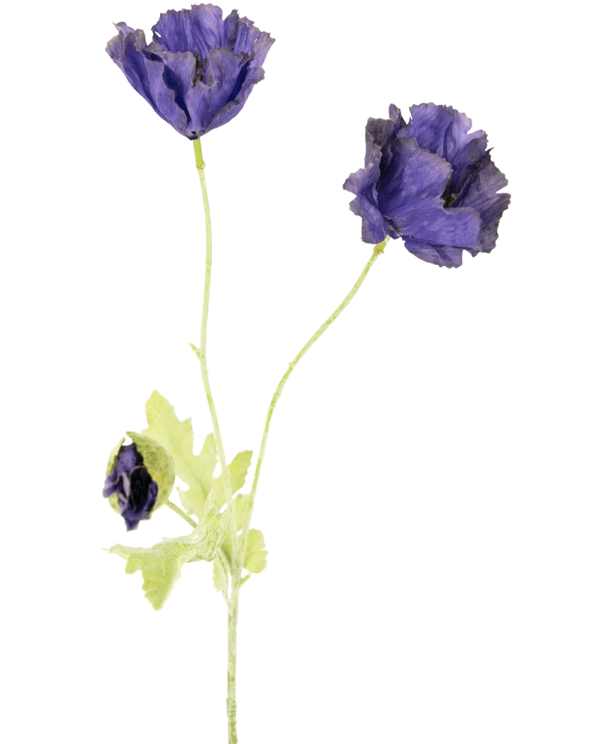 Die künstliche Blumenmohnblume 73 cm hat drei zarte lila Blüten – zwei offen, eine teilweise geschlossen – mit hellgrünen Stielen und Blättern, vor einem schlichten weißen Hintergrund.