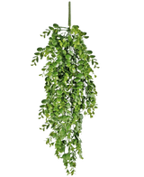 De Kunst hangplant Pannenkoek 61 cm heeft levendige groene kunstbladeren die naar beneden vallen tegen een effen witte achtergrond en lijkt op een echte hangende wingerd.