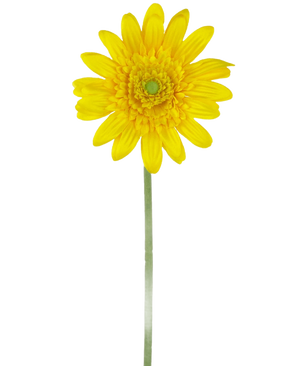 De Kunstbloem Gerbera 53 cm geel is een enkele gele kunstmargriet met een groen hart en een lange groene steel, tegen een effen witte achtergrond.