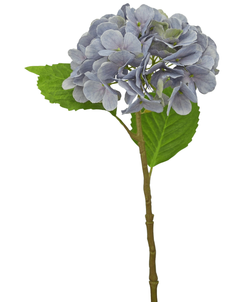 Die künstliche Hortensie Deluxe 55 cm lila hat einen einzelnen hellvioletten Stiel mit abgerundeten Blütenblättern und zwei grünen Blättern vor einem weißen Hintergrund.