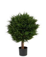 De Kunstplant Conifeer Deluxe UV 80 cm heeft een ronde, dichte groene bladbol op een enkele bruine stam, in een zwarte pot en tegen een effen witte achtergrond.
