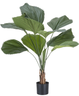 De Kunstplant Lucuala Grandis 120 cm heeft grote, waaiervormige groene bladeren en meerdere stelen in een eenvoudige zwarte pot, tegen een effen witte achtergrond.