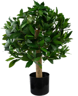 De Kunstplant Laurier UV d40 cm is een kleine kunstboom met dichte groene bladeren in een zwarte pot, afgebeeld tegen een effen witte achtergrond.
