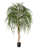 De Kunst Wilgenboom 210 cm is een hoge kunstboom met slanke, hangende groene bladeren en een gedraaide bruine stam tegen een effen witte achtergrond.