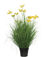 Die feuerhemmende Kunstrasenpflanze Asteraceae 90 cm hat lange, schlanke, grasartige Blätter und Büschel kleiner, leuchtend gelber Blüten an langen Stielen vor einem schlichten weißen Hintergrund.