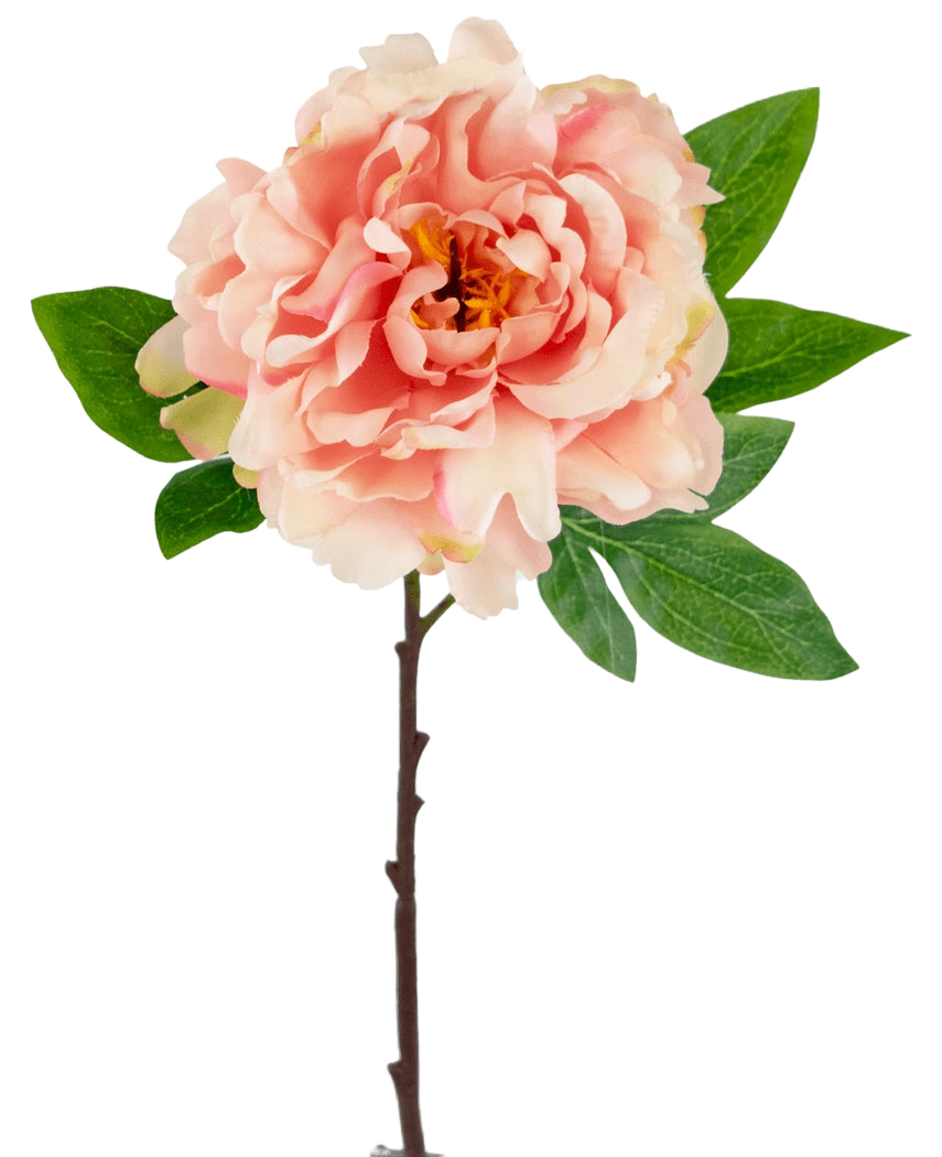 Die künstliche Pfingstrose 61 cm zartrosa ist eine rosafarbene künstliche Pfingstrose mit geschichteten Blütenblättern und einem gelben Herzen auf einem Stiel mit grünen Blättern vor einem weißen Hintergrund.