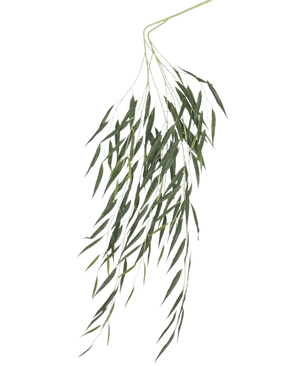 De Kunstblad Treurwilg 134 cm brandvertragend heeft lange, slanke groene bladeren die naar beneden hangen tegen een effen witte achtergrond en is behandeld met een brandvertragende coating voor extra veiligheid.
